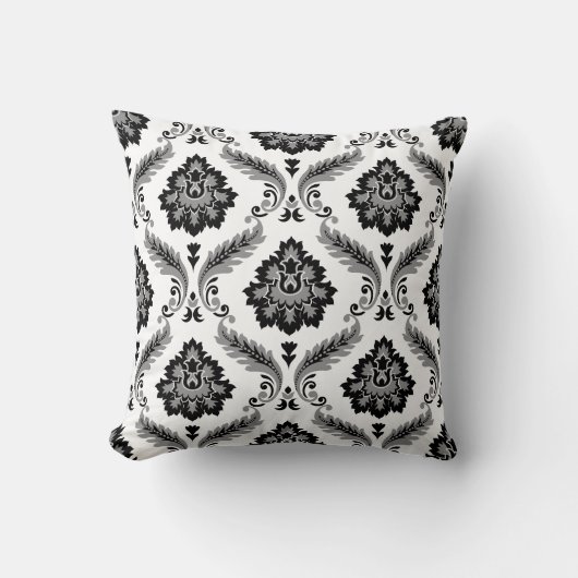 Rococo Damask Pattern Grey Black White クッション (正面)