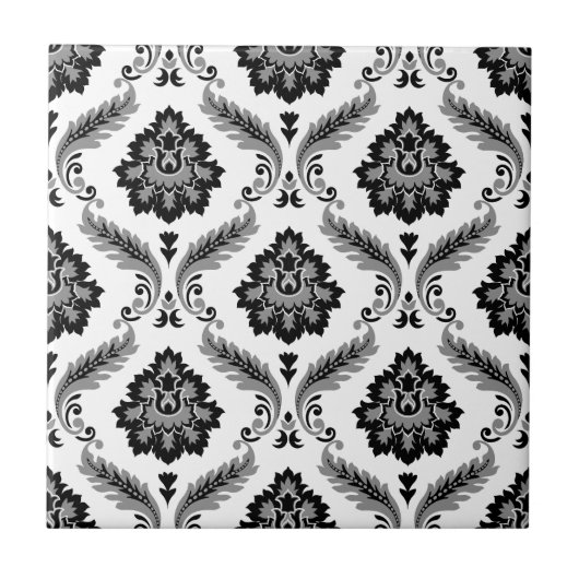 Rococo Damask Pattern Grey Black White タイル (正面)