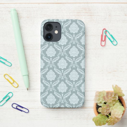 Rococo Damask Rpt Pattern Duck Egg Blue+Teal iPhoneケース (デスク上)