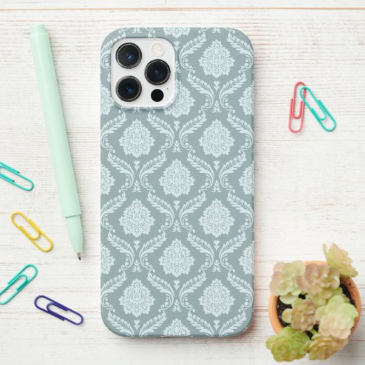 Rococo Damask Rpt Pattern Duck Egg Blue+Teal iPhoneケース (デスク上)