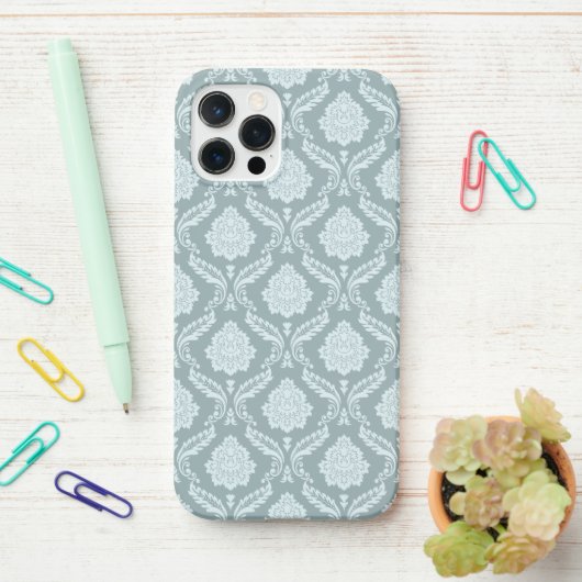 Rococo Damask Rpt Pattern Duck Egg Blue+Teal iPhoneケース (デスク上)
