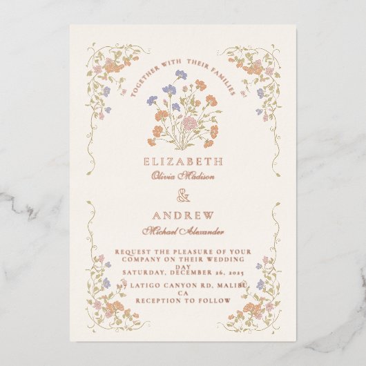 Rococo Floral Antique Frame Wedding 箔招待状 (正面)