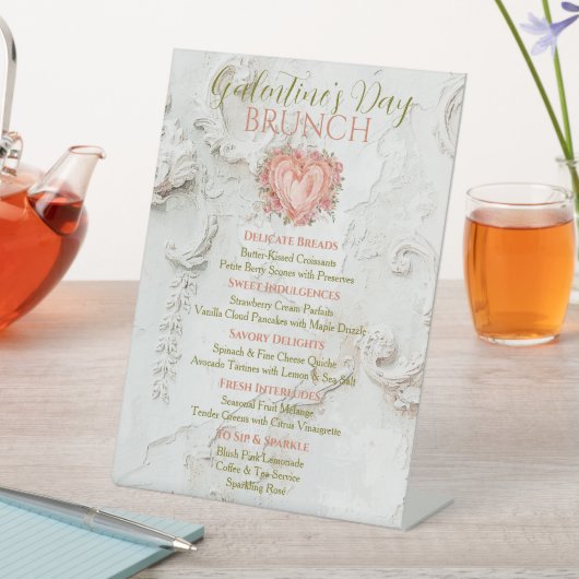 Rococo Floral Heart Galentine Brunch Tea Menu 台座サイン (インサイチュ)