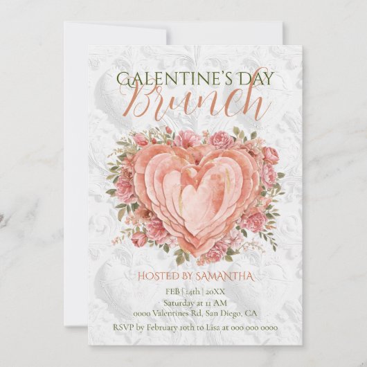 Rococo Floral Heart Galentine’s Brunch Garden 招待状 (正面)