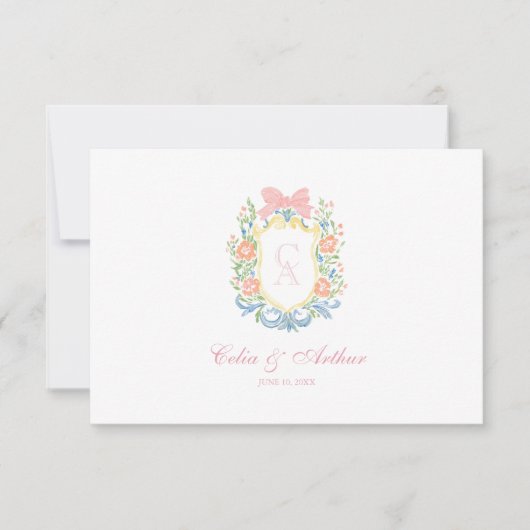 Rococo Floral Monogram Crest Wedding サンキューカード (正面)