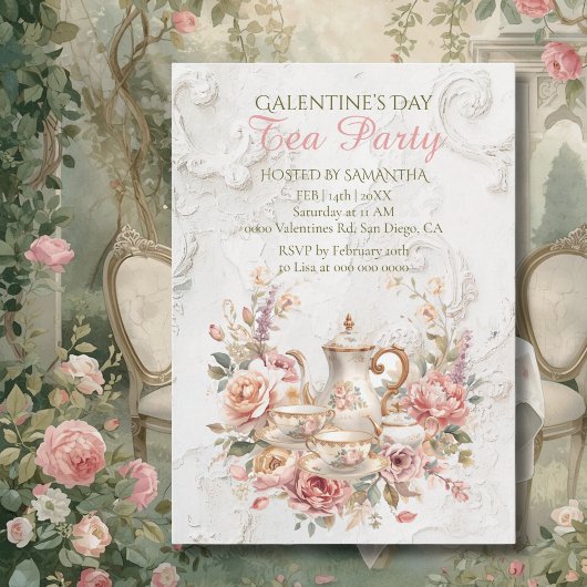 Rococo Floral Tea Galentine Party Soft Blush 招待状