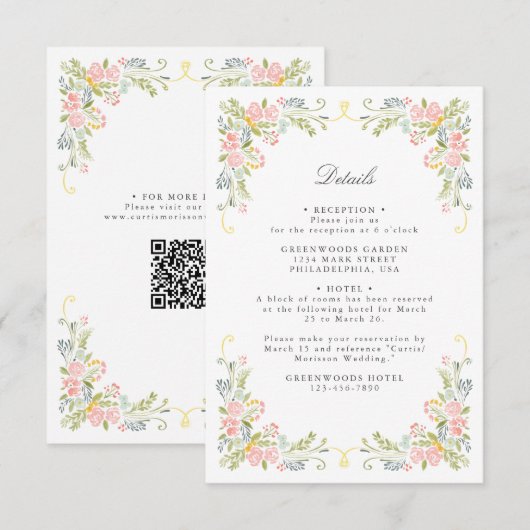 Rococo Garden Ornate Floral Wedding QR Details エンクロージャーカード (正面/裏面)
