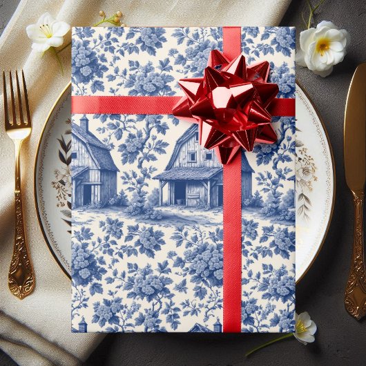Rococo Ornate French Toile Floral Blue Rustic Barn ラッピングペーパー