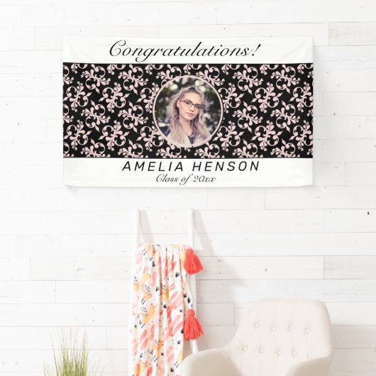 Rococo Pink Black Photo Name卒業クラス 横断幕 (インサイチュ)
