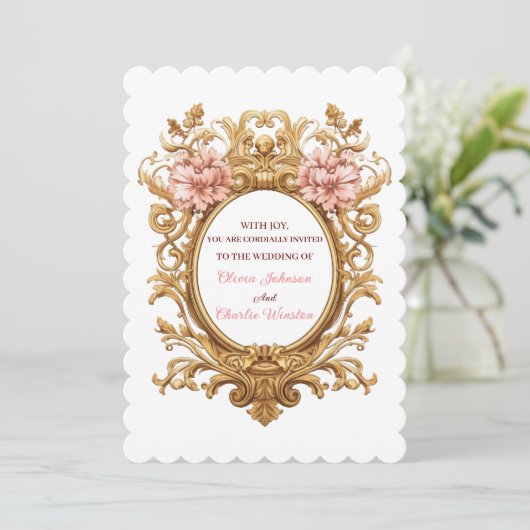 Rococo Royal Wedding Blush Florals Golden Scrolls 招待状 (スタンド正面)