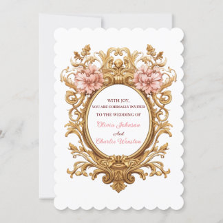 Rococo Royal Wedding Blush Florals Golden Scrolls 招待状