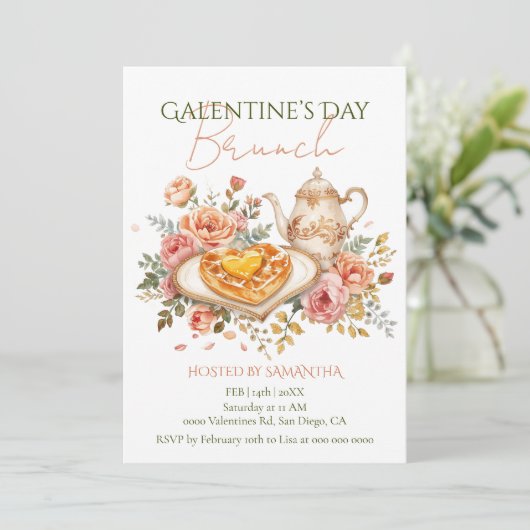 Rococo Tea Heart Waffle Galentine Brunch Florals 招待状 (スタンド正面)