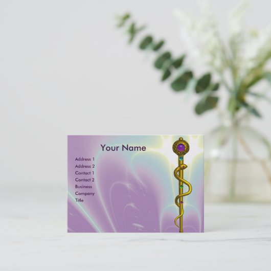 ROD ASCLEPIUS金ゴールド医療用回復シンボルパープル 名刺 (スタンド正面)