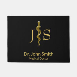 Rod of Asclepius Medical Classy金ゴールドon Black ドアマット