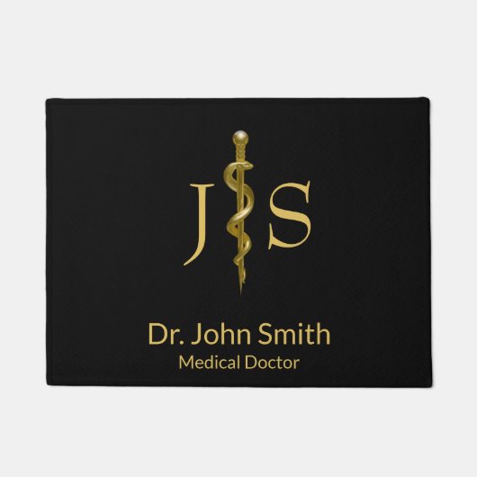 Rod of Asclepius Medical Classy金ゴールドon Black ドアマット (正面)
