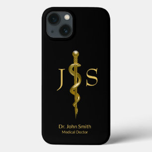Rod of Asclepius Medical Classy金ゴールドon Black iPhone 13ケース