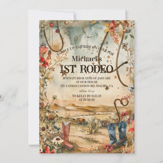 Rodeo Boots & Cactus 1st Birthday 招待状 (正面)