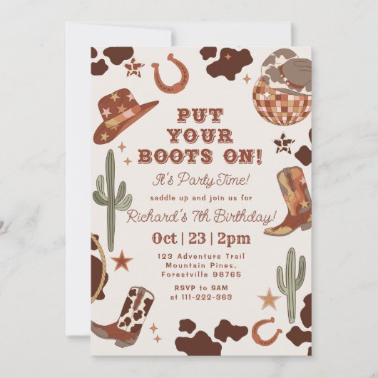 Rodeo Boy誕生日パーティーにブーツを置く 招待状 (正面)