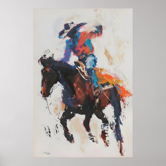 Rodeo Bronco Rider Art Print, Colorful Cowboy Wall ポスター (正面)