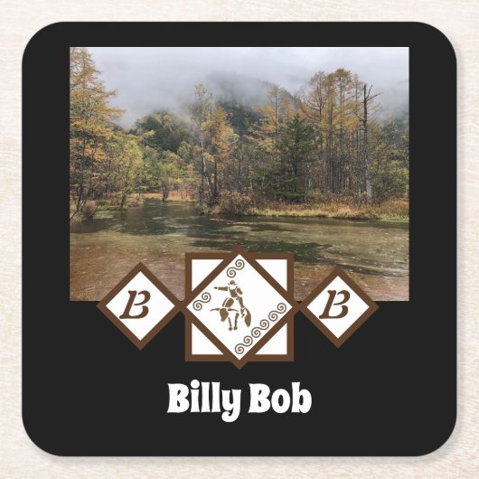 Rodeo Bull RiderとLonghorn Monogramの写真 スクエアペーパーコースター (正面)