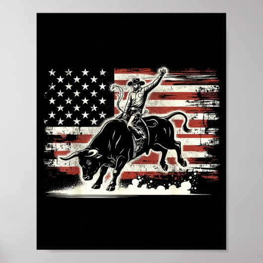 Rodeo Rider Bull Patriotic Cowboy Usa Flag  ポスター (正面)