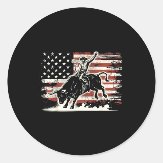 Rodeo Rider Bull Patriotic Cowboy Usa Flag  ラウンドシール (正面)