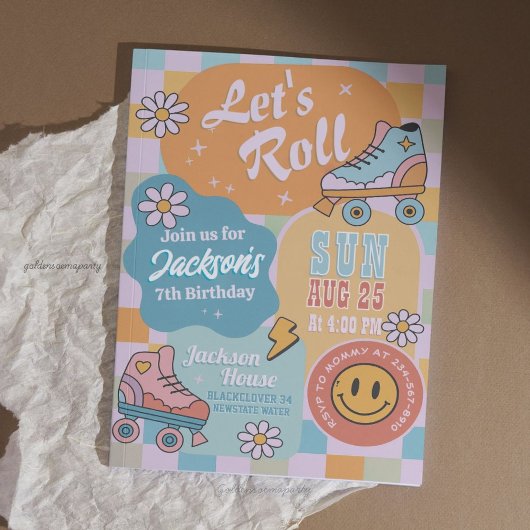 Roller Skate Birthday Party - Retro Groovy Boy 招待状