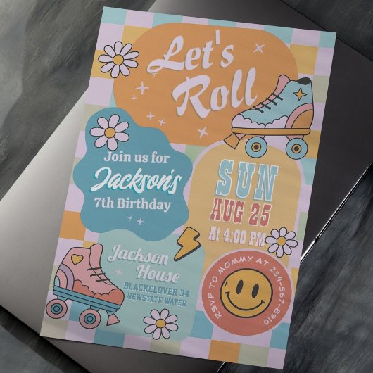 Roller Skate Birthday Party - Retro Groovy Boy 招待状