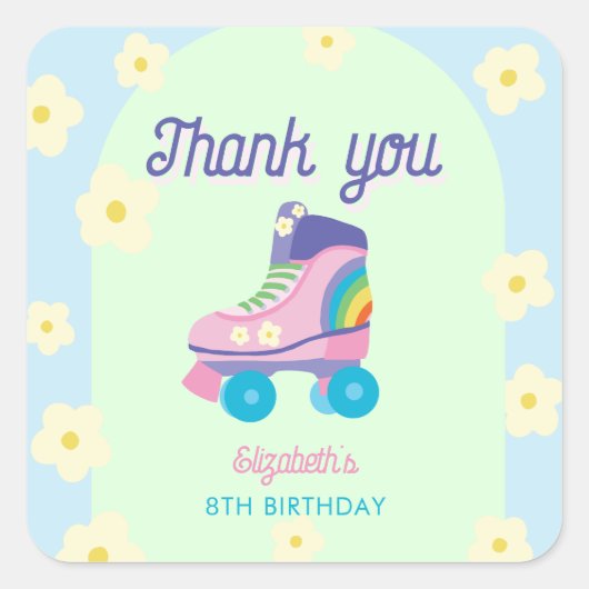 Roller Skate Birthday Thank You Retro Rainbow Kids スクエアシール (正面)