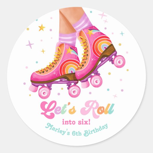 Roller Skate Let's Roll Skating Girl Birthday ラウンドシール (正面)