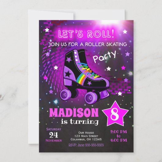 Roller Skating Birthday Party Invitation / Neon 招待状 (正面)