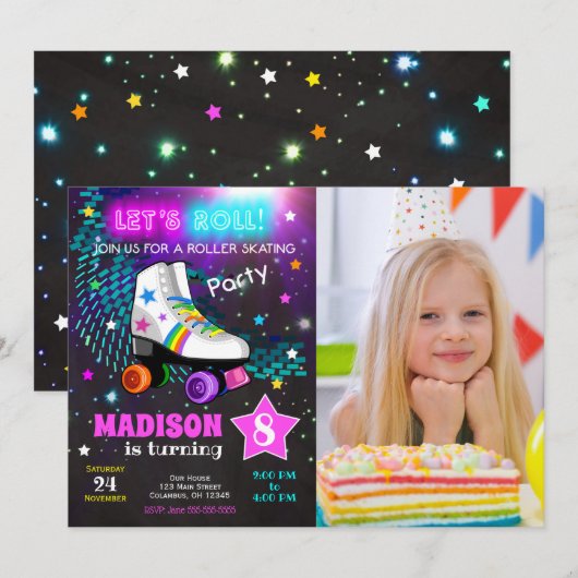 Roller Skating Birthday Party Invitation / Neon 招待状 (正面/裏面)