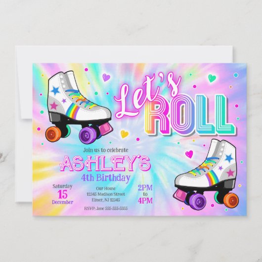 Roller Skating Birthday Party Tie Dye Neon Glow 招待状 (正面)