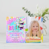 Roller Skating Birthday Party Tie Dye Neon Photo 招待状 (スタンド正面)