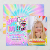 Roller Skating Unicorn Birthday Tie Dye Neon Photo 招待状 (正面/裏面)