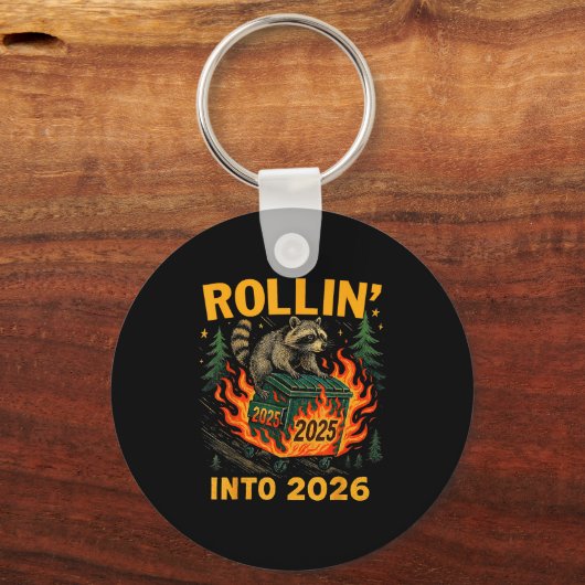 Rollin’ Into 2026 Funny Raccoon Dumpster Fire キーホルダー (正面)