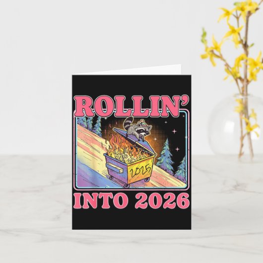 Rollin' Into 2026 Funny Raccoon Meme Happy New Yea カード (黄色い花)