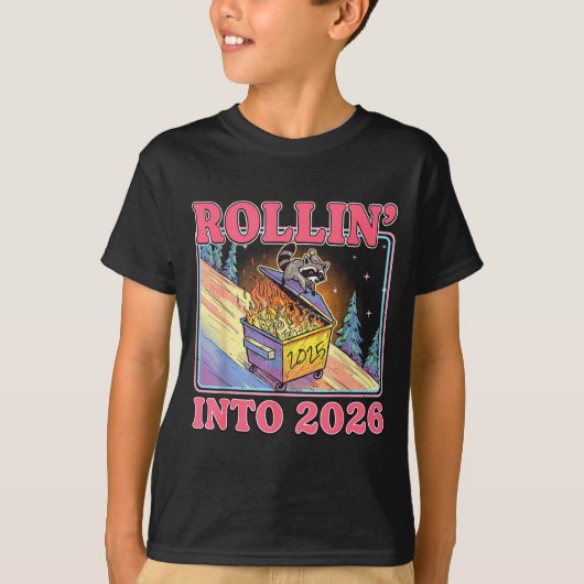 Rollin' Into 2026 Funny Raccoon Meme Happy New Yea Tシャツ (正面)