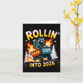 Rollin Into 2026 Funny Raccoon New Year Meme カード (黄色い花)
