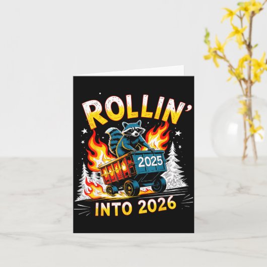 Rollin Into 2026 Funny Raccoon New Year Meme  カード (黄色い花)