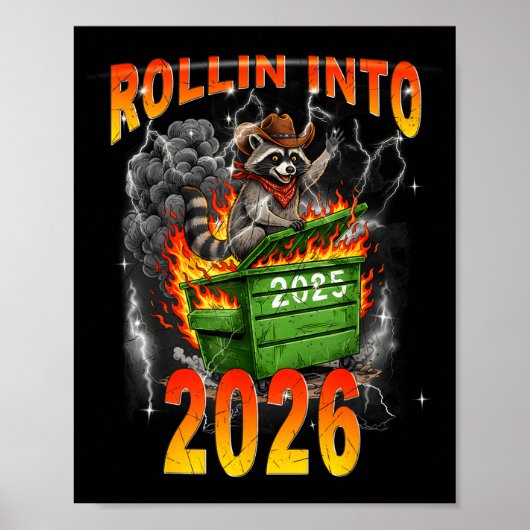 Rollin Into 2026 New Year 2026 Raccoon Cowboy Vint ポスター (正面)