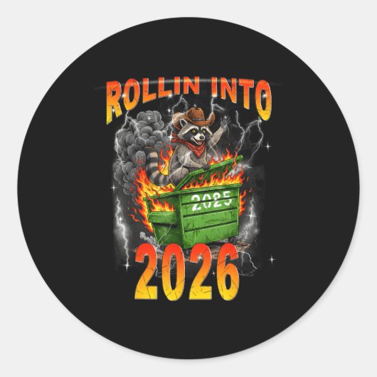 Rollin Into 2026 New Year 2026 Raccoon Cowboy Vint ラウンドシール (正面)