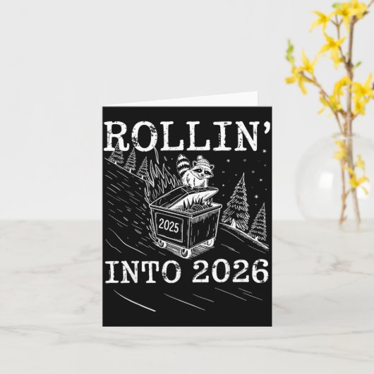 Rollin’ Into 2026 Raccoon Dumpster Fire New Year M カード (黄色い花)