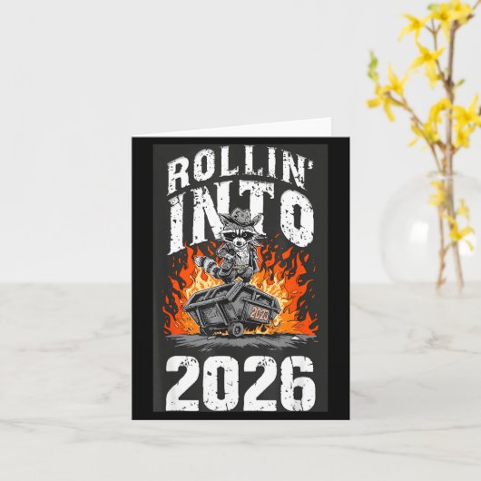 Rollin Into 2026 Raccoon Funny Dumpster Fire 2025 カード (黄色い花)