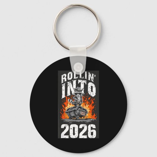 Rollin Into 2026 Raccoon Funny Dumpster Fire 2025 キーホルダー (正面)