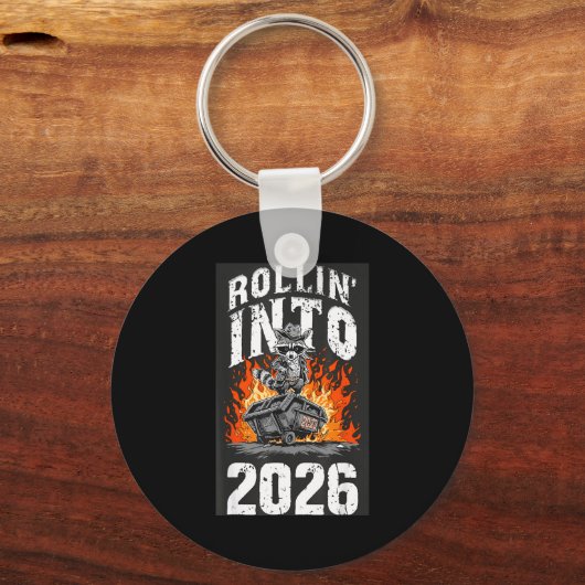 Rollin Into 2026 Raccoon Funny Dumpster Fire 2025 キーホルダー (正面)
