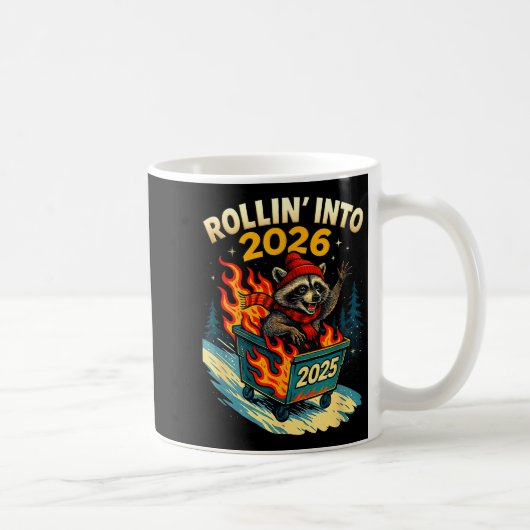 Rollin Into 2026 Raccoon Funny Dumpster Fire 2025  コーヒーマグカップ (右)