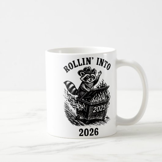 Rollin Into 2026 Raccoon Funny Dumpster Fire 2025  コーヒーマグカップ (右)