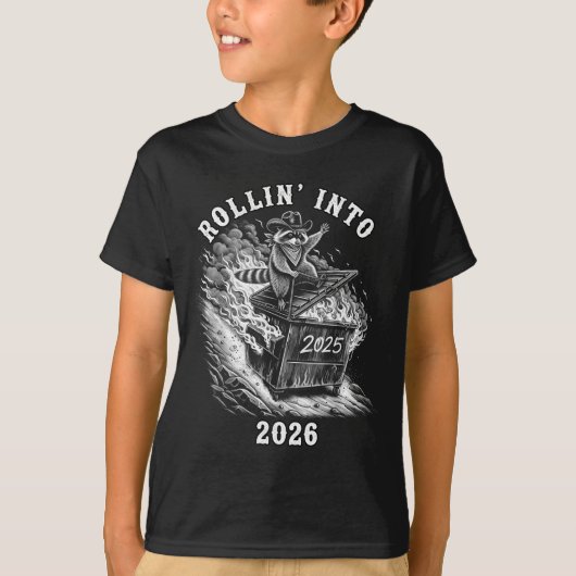 Rollin Into 2026 Raccoon Funny Dumpster Fire 2025 Tシャツ (正面)