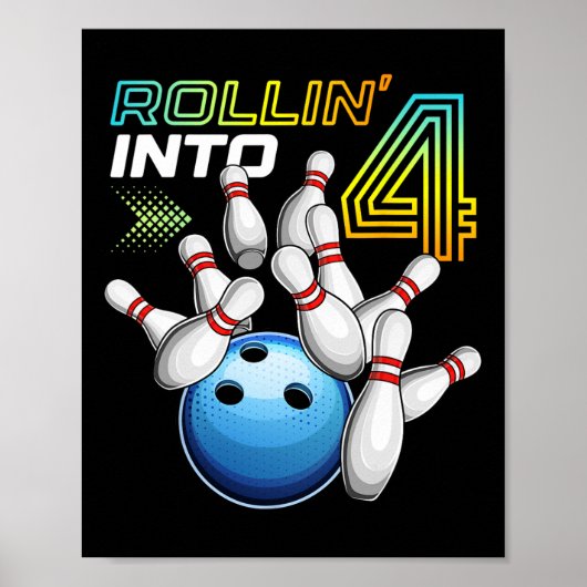 Rollin Into 4 Retro Bowling Birthday Party 4th Bir ポスター (正面)